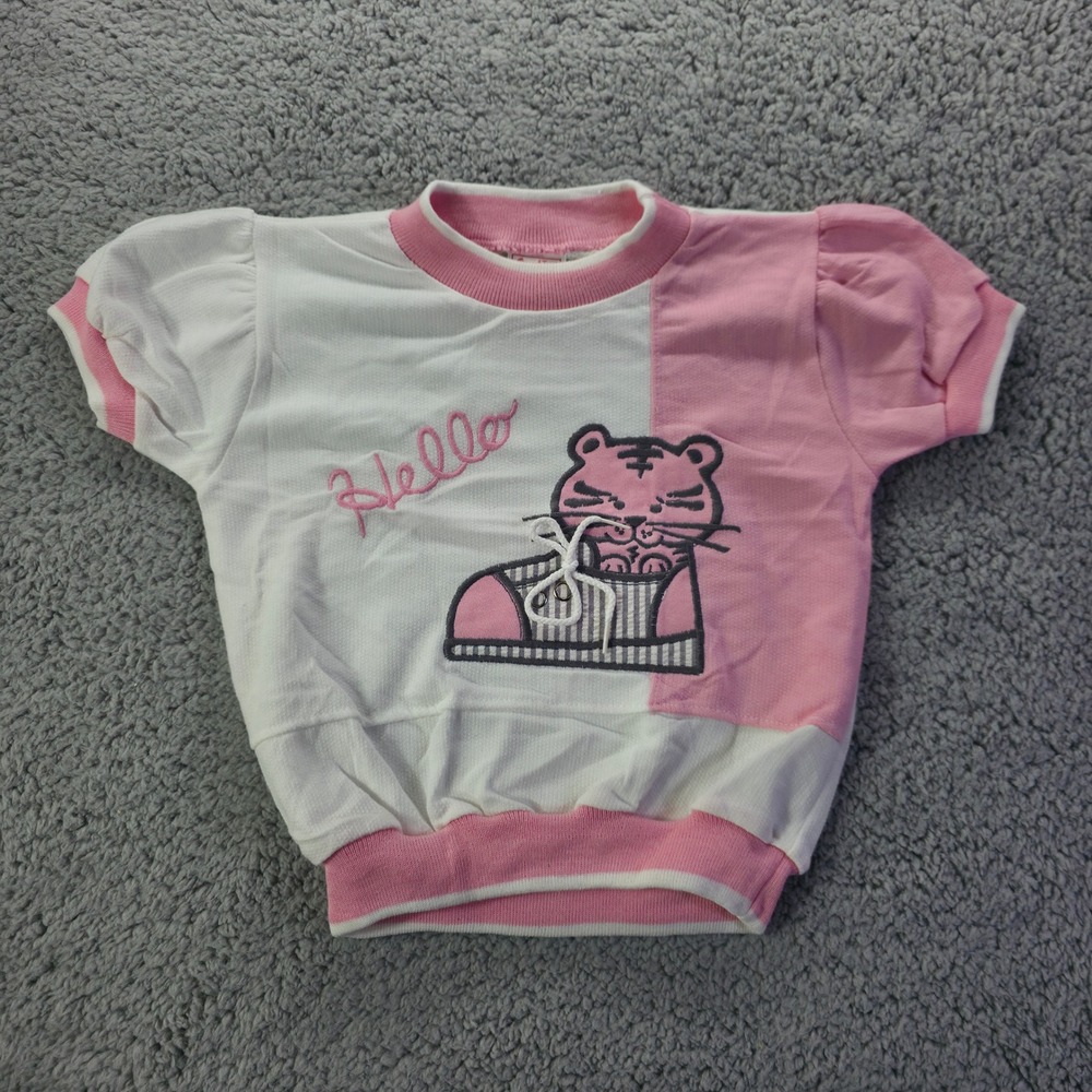 Vintage Buster Brown Girls Pink White Tiger Sneaker Short Sleeve Sweatshirt 4T
